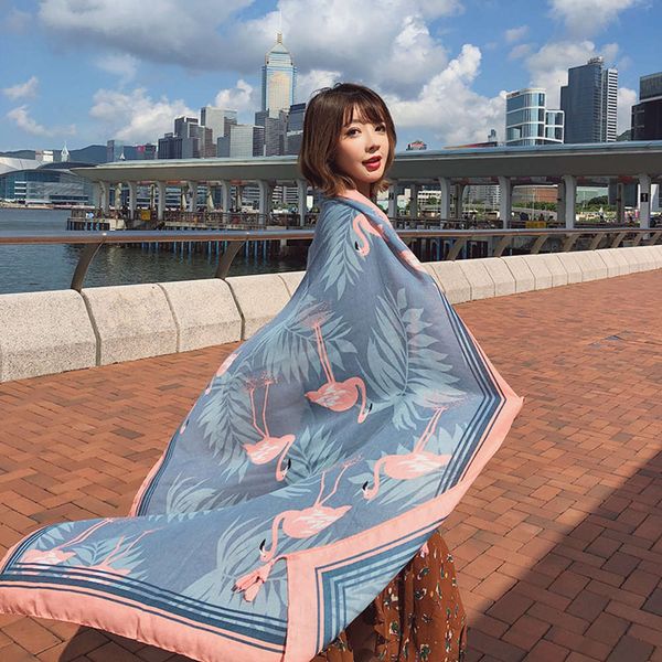 

new flamingo printed cotton hemp shawls for women and korean fashionable travel sunscreen scarves, Blue;black
