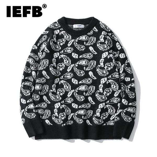 

men's sweaters iefb american fashion cashew jacquard sweater 2021 autumn winter streetwear trend loose o-neck pullover kinttwear, White;black