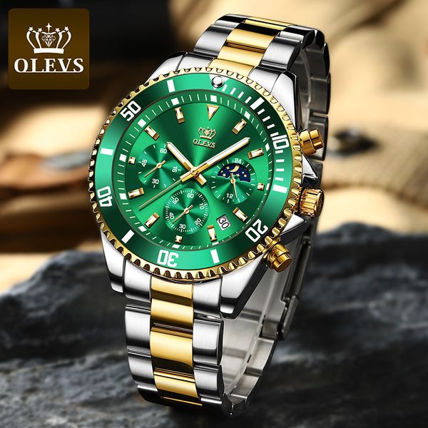 

olevs green waterproof ghost quartz watch moon phase waterproof sports chronograph stainless steel wristwatch male, Slivery;brown