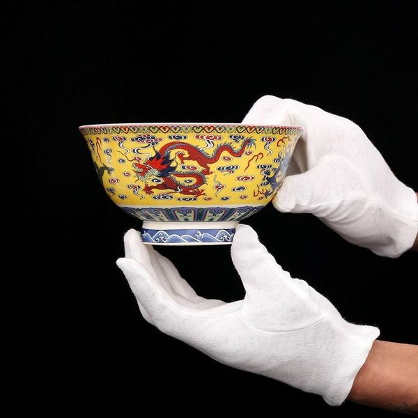

qing dynasty qianlong year mark famille rose sea water five dragon pattern bowl antique porcelain collection