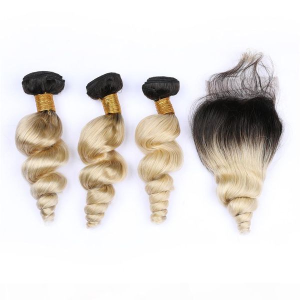 

loose wave brazilian blonde ombre virgin human hair 3bundles with closure #1b 613 blonde ombre hair weaves with 4x4 lace front closure, Black;brown
