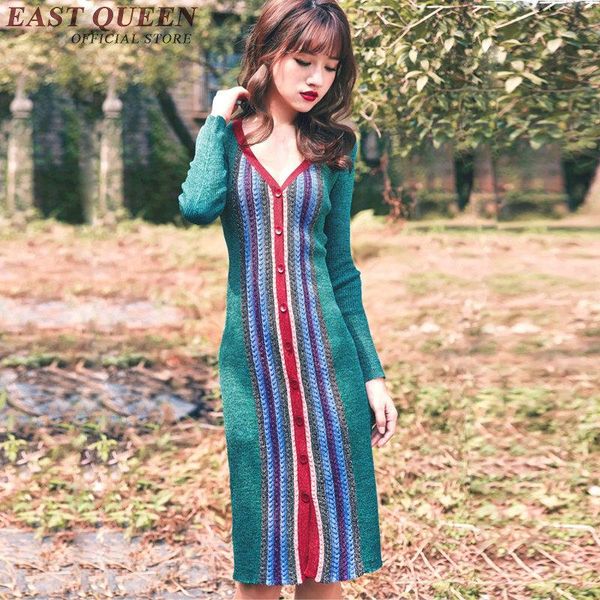 

casual dresses 2021 autumn button front dress long sleeve blue striped deep v-neck vintage shirt kk1145, Black;gray