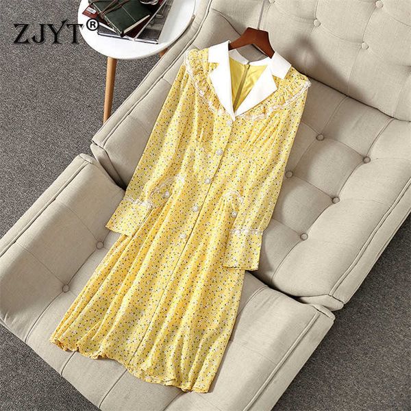 Europa moda manga comprida impressão amarelo primavera vestido para mulheres senhora vintage robe femme elegante casual férias vestidos 210601