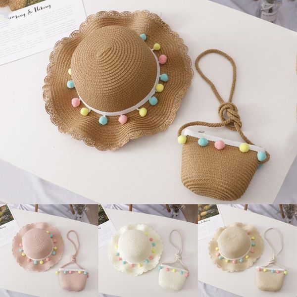 

caps & hats 2pcs children girl sun summer lovely small colored ball solid sunscreen sunshade hat straw beach + bags 2-8y, Yellow