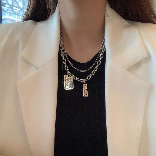 

hbp fashion titanium steel not fade double layer square brand letter necklace women hip hop simple versatile pendant ins cool style sweater, Silver