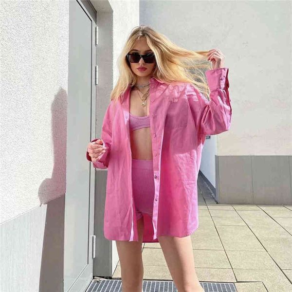 

women's knits & tees casual woman pink loose pocket cotton shirt 2021 spring sweet female soft oversized shirts ladies basic solid, White