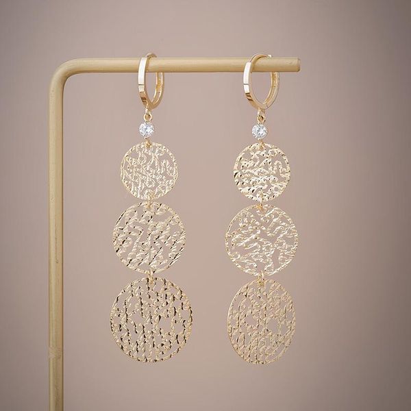 

dangle & chandelier unice carved sparkling hollow round genuine 14k gold 585 long drop earrings trendy fine jewelry for women party gift, Silver