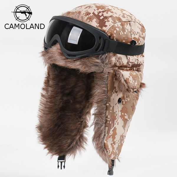 

winter bomber earflap hats for women russian ushanka cap with goggles male camouflage thermal berber fleece snow caps, Blue;gray