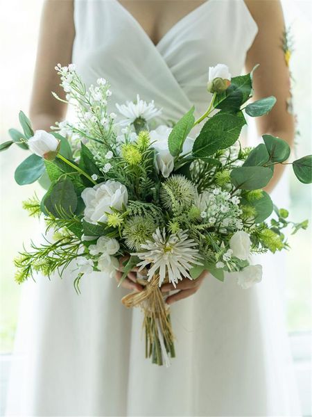 

wedding flowers sesthfar church bouquet green&white rose artificial flower bridal ceremony pography props