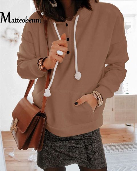 

2021 new thin section hoodies solid drawstring long sleeve button sweatshirts women autumn pocket loose streetwear lady hoodie ora0, Black;white