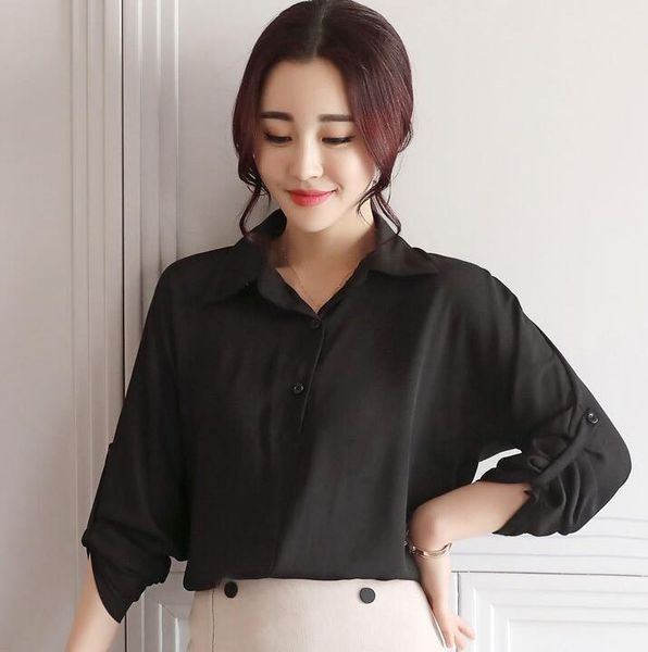 

women's blouses & shirts women long sleeve turn-down collar solid ladies chiffon blouse ol office style chemise femme, White