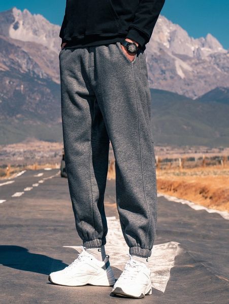 

men solid slant pocket sweatpants 75im#, Black