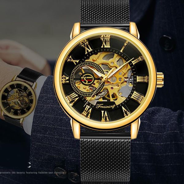 

wristwatches selling gold case black stainless steel mesh strap luxury hand wind mechanical skeleton men's watch original forsining box, Slivery;brown