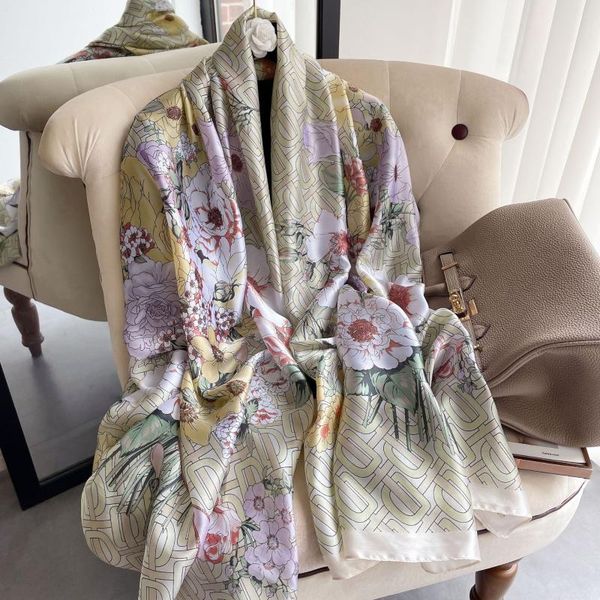 

scarves ladies fashion flowers print simulation silk scarf women thin large decorative air conditioning shawl sunscreen beach towel, Blue;gray