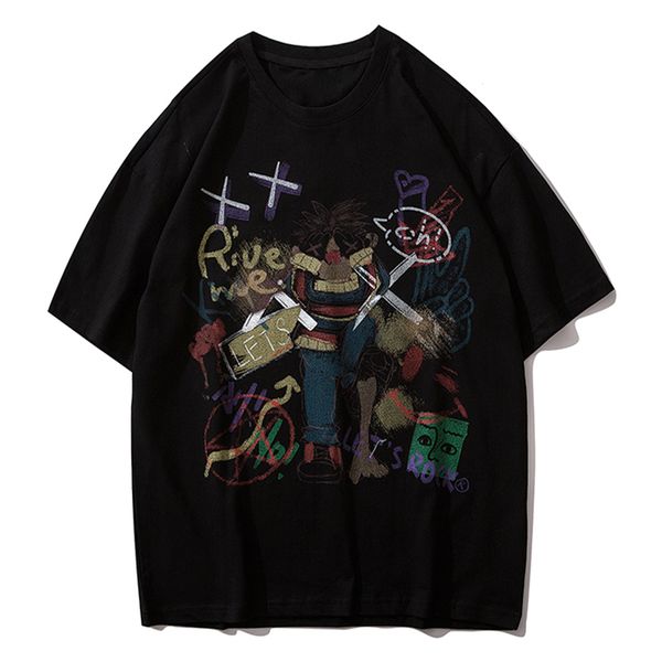 

aelfric 2021 new eden cartoon graffiti men's hip hop harajuku square loose t-shirt fashion famous street casual cotton short sleeve z6p, White;black