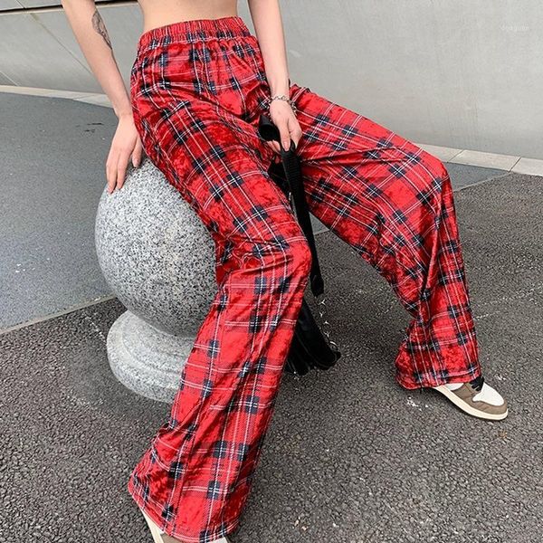 

women's pants & capris fashion plaid pirnt velvet elastic high waist women 2021 streetwear loose trousers pantalon straight sweatpants, Black;white