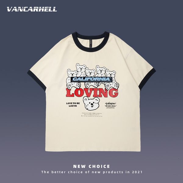 

tee polo ins trend color matching bear print bf style short sleeve t-shirt women men loose leisure summer half top, White;black