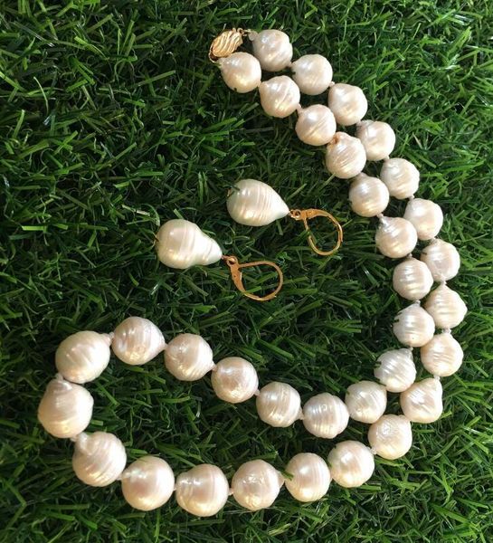 

earrings & necklace 11-13mm white south sea baroque pearl yellow clasp, Silver