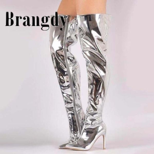 

boots women mirror platform pointy toe punk high thin heels over the knee long autumn winter zip silver casual party shoes, Black