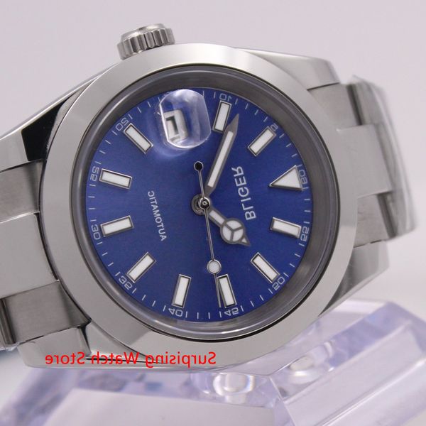 

bliger 40mm automatic mechanical men luxury calendar luminous waterproof sapphire glass stainless steel case men's watch, Slivery;brown