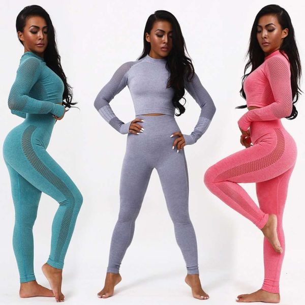 

2019 new seamless sports long sleeve suit yoga pants leisure fitness female, Gray
