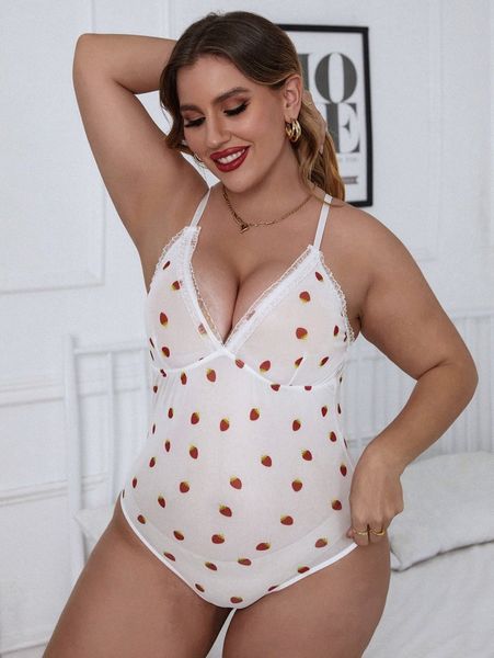 

plus strawberry print frill trim mesh teddy bodysuit b1wr#, Black;white