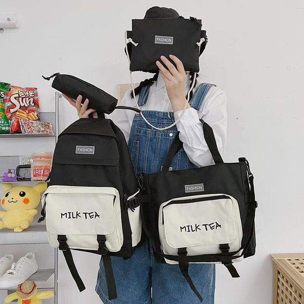 

school bags 4 pcs sets cute backpack canvas for teenage girls college student fashion book badge