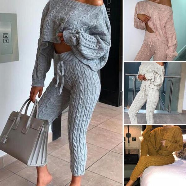 

two piece dress 2pcs women o neck long batwing sleeve knitted sweater warm outfit suit round woolen trousers, White