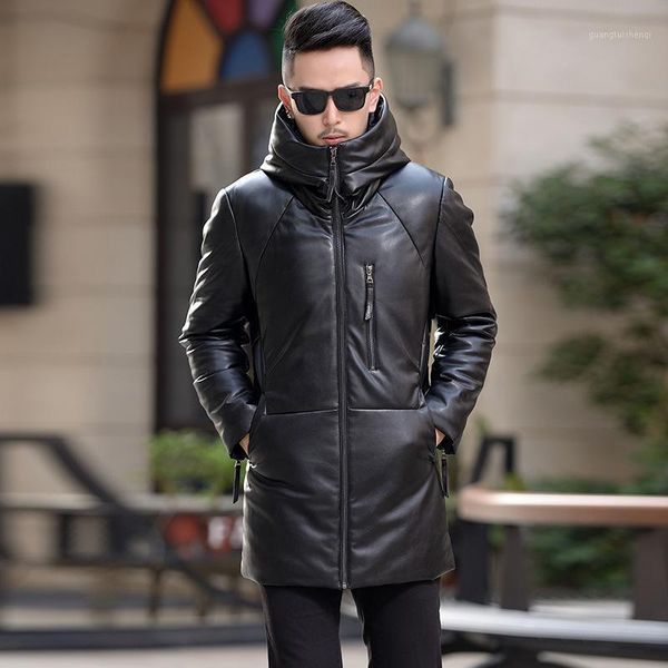 

haining leather hooded zipper 95 white duck down sheep jacket in winter long money men men's & faux, Black