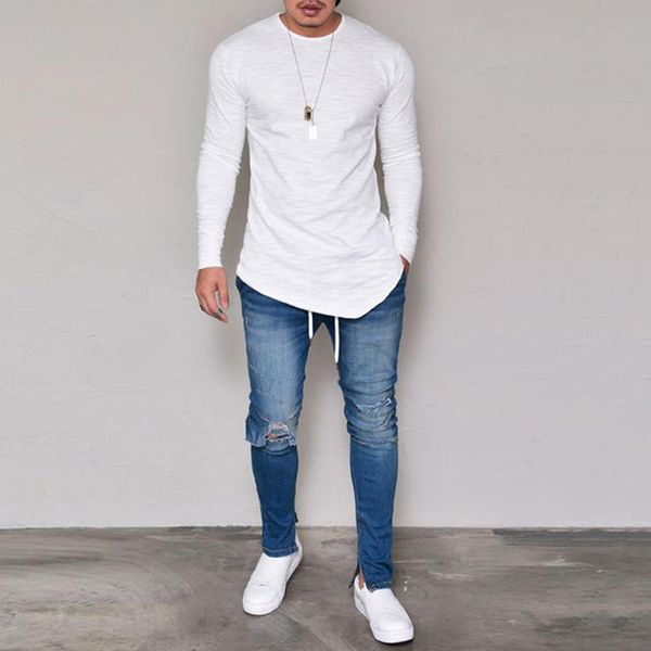 

men personality casual t-shirt slim fit t-shirt spring new fashion o-neck long-sleeved camisa masculina, White;black