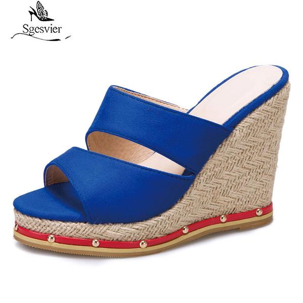 

sandals sgesvier 2021 fashion slip on straw platform summer wedges high heels woman shoes mules plus size 50 slipper, Black