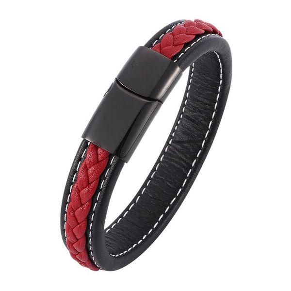 

charm bracelets retro business men's black red woven leather bracelet stainless steel magnetic buckle fashion simple 7-sp0008, Golden;silver