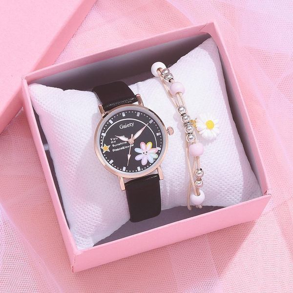 

gaiety brand watches for women cartoon pattern flowers pink watch girls students leather clock lovely quartz wristwatch gifts, Slivery;brown