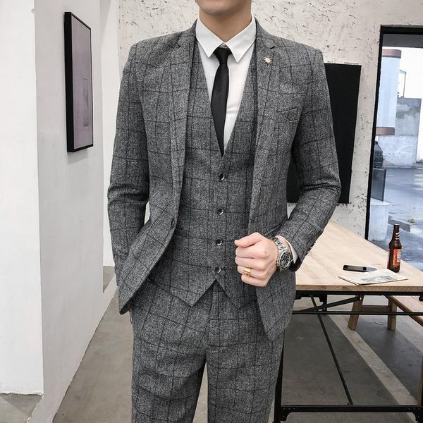 

men's suits & blazers bridegroom's wedding suit plaid three piece man group dress korean slim fit, White;black