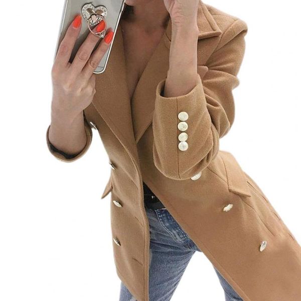 

women's wool & blends women coat solid color slim cardigan double-breasted turn-down collar lady woolen jacket long overcoat, Black