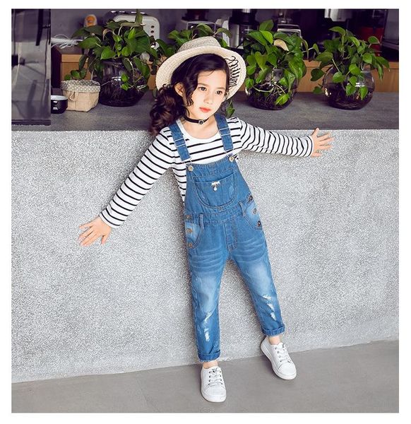 

jumpsuits children denim overalls 2021 spring autumn girls hole jumpsuit fashion trousers school kids jeans pants 4 -12years clothes, Blue