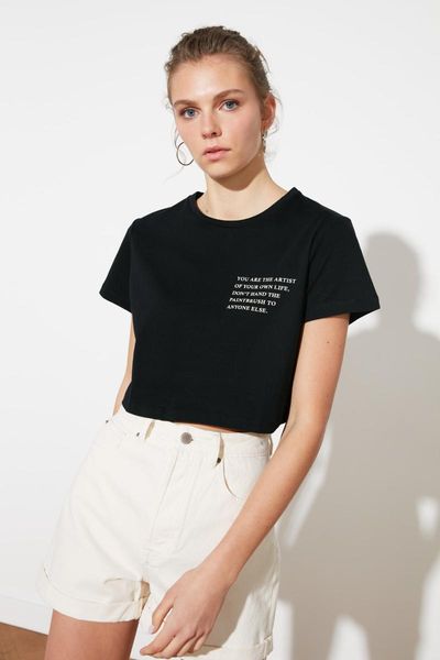 

women's t-shirt trendyol printed crop knitted twoss21ts0674, White