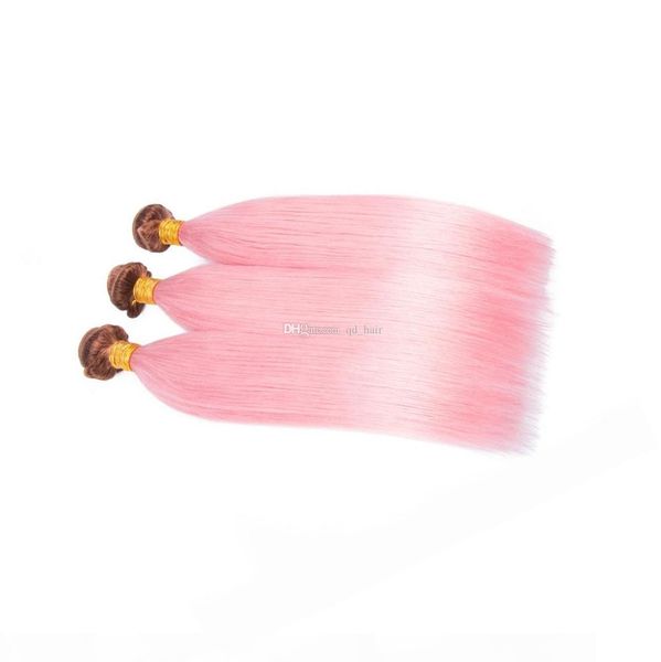 

medium brown 4 with baby pink silky straight 3bundles two tone color #4 and pink virgin human hair extensions 3pcs, Black