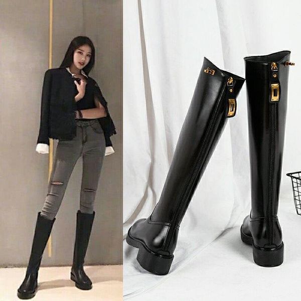

boots woman knee high fashion ankle strap boot for women mid heels casual slip on elegant pu leather female shoes plush 2021, Black