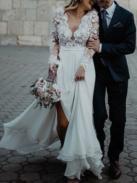 

2021 new long sleeves see through neck appliqued lace wedding es a-line train illusion bridal gown white ivory beach yrnz