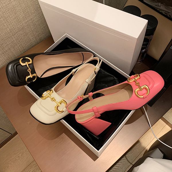 

sandals slippers g family horse buckle thick heel shoes women's 2021 early spring new shallow mouth back empty sandals square head mary, Black