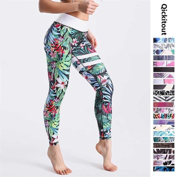 

qickitout 12% spandex high waist digital printed fitness leggings push up sport gym women 211130, Black