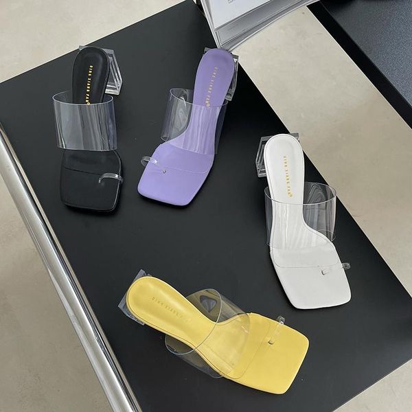 

slippers colorful women clip toe transparent slides square high heels purple/yellow/black/white mules shoes party pumps size 39