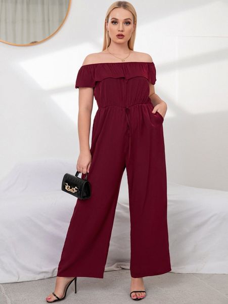 

plus off shoulder ruffle trim tie front culotte jumpsuit z0jt#, Black