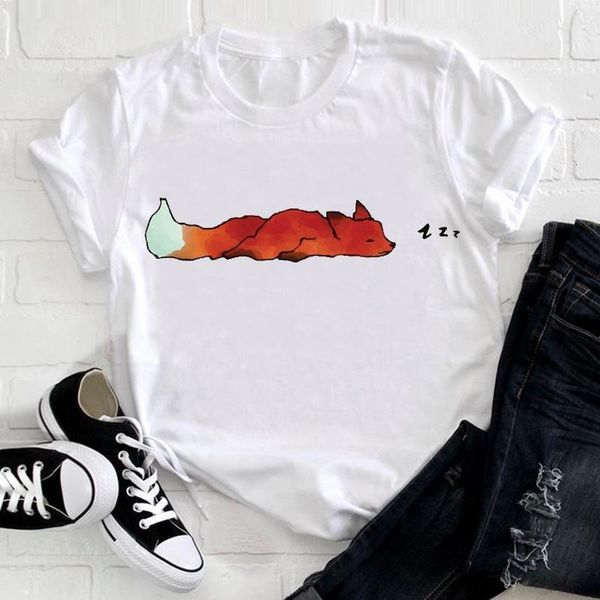 

women short sleeve funny lovely fox printing clothing animal 90s clothes ladies graphic print tee tshirt female t-shirt, White