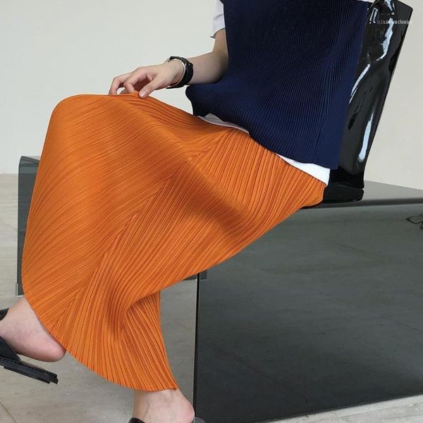 

skirts fashion 2021 elegant orange/dark blue high waist pleated skirt women summer irregular harajuku ladies long1, Black