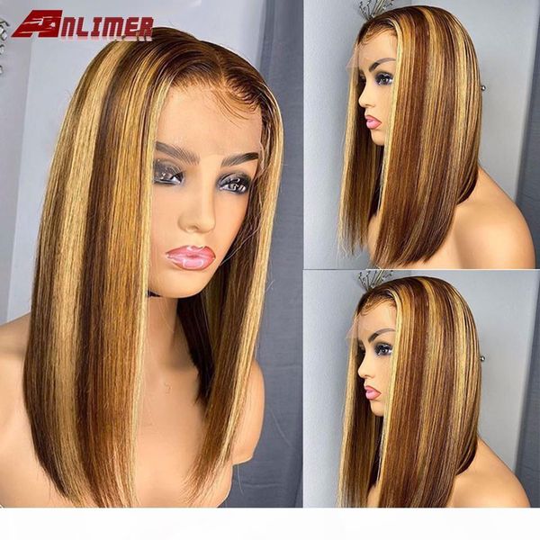 

brown honey blonde t part lace front human hair wigs brazilian remy ombre highlight wig short bob wig 150% pixie cut bob, Black;brown