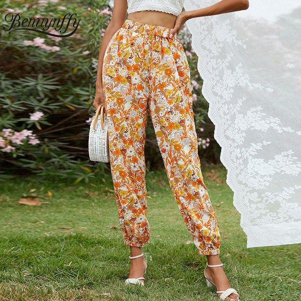 

women's pants & capris benuynffy boho print women summer high elastic waist trousers for ladies casual holiday style beach female loose, Black;white