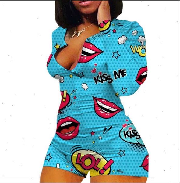 

fashion women casual long sleeve jumpsuit fashion lip printing slimming high waist short jumpsuit homwear drop shipping, Black;white