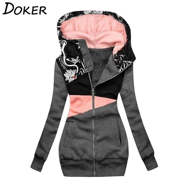 

autumn winter oversized hoodie coat women fashion print long sleeve warm zipper sweatshirt female outwear sudadera mujer 210603, Black